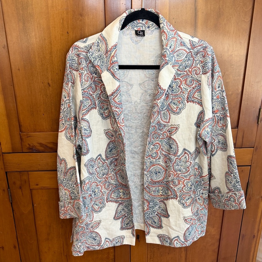 Connie Roberson 100% Linen Paisley Open Front Jacket - Boho, Flowy, Earthy